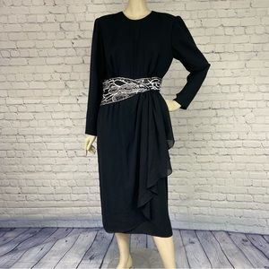 Vintage 80s Jack Bryan Black Chiffon Beaded Cocktail Party Dress M